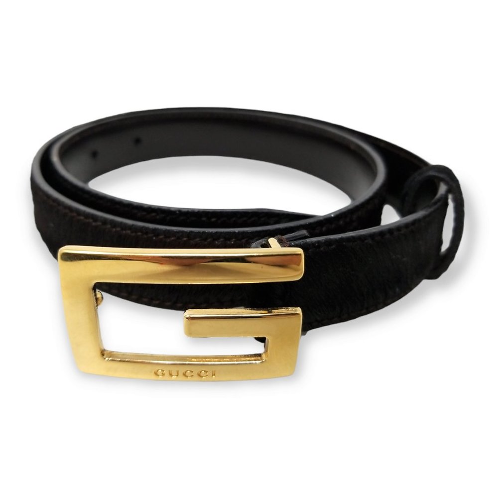 GUCCI Vintage Golden Square G Cowhide Dark Brown Hair-on Leather Belt Size 26-28